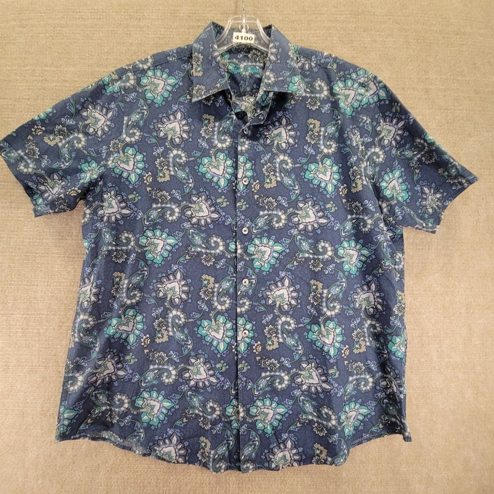 Tasso Elba Mens Short Sleeve Button Down Shirt XL Paisley Print Blue Cotton